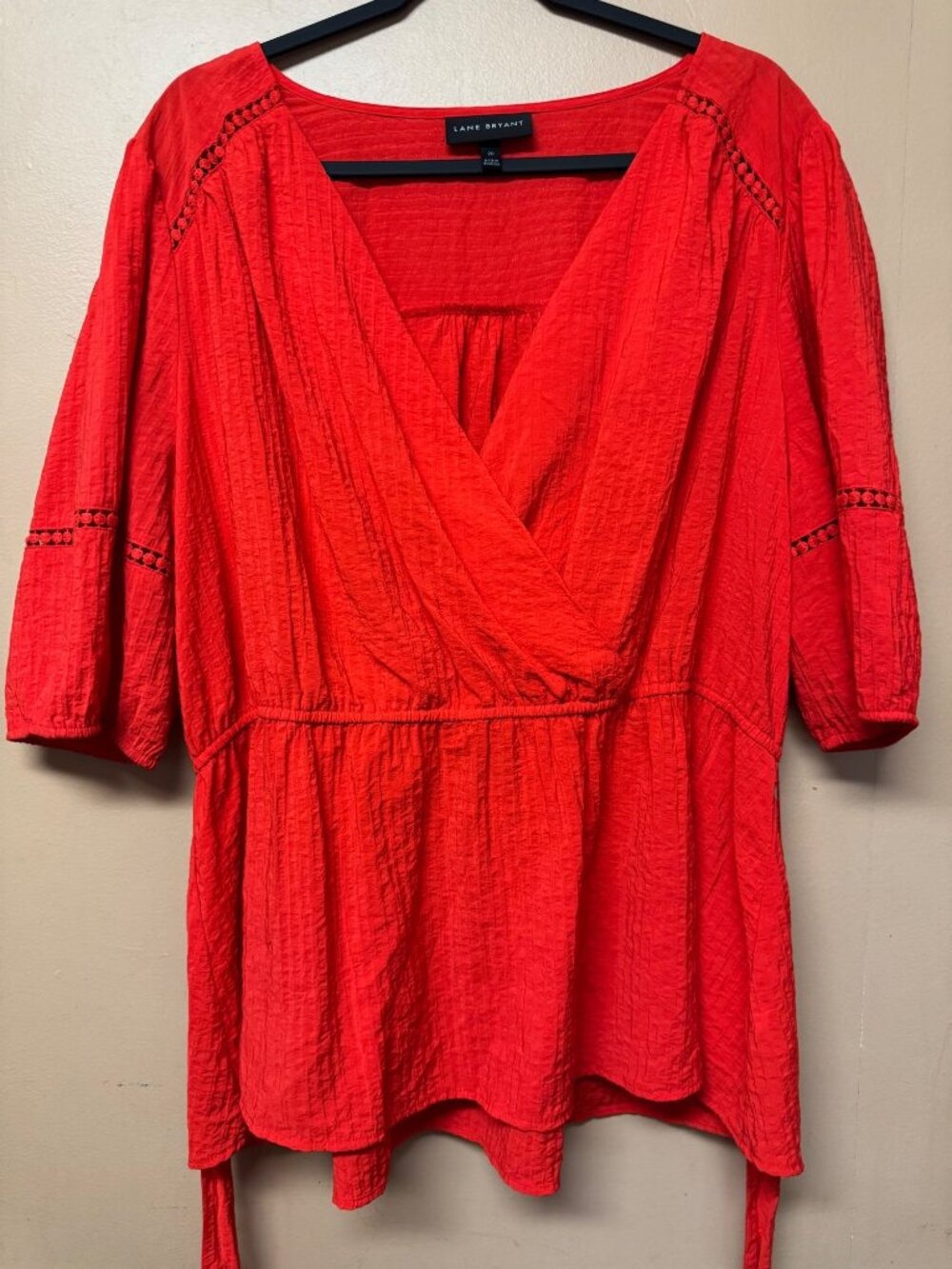 Lane Bryant Coral Orange Faux Wrap Peplum Blouse Size 20 Tie Waist Textured Top